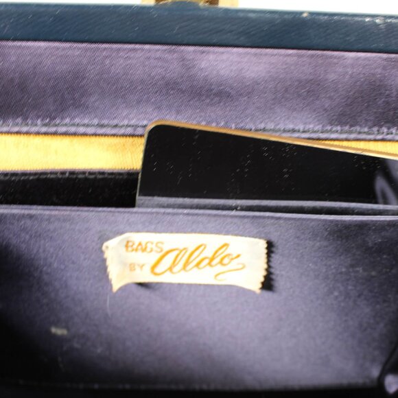 Vintage 1950s Navy Faux Leather Handbag with Art Deco Latch & Metal Chain - Picture 15 of 16